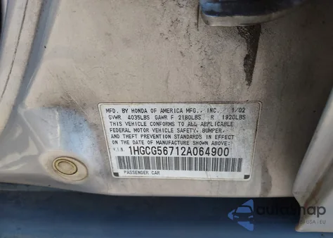 2002 Honda Accord 2.3 Se z USA, uszkodzony, nr VIN 1HGCG56712A064900